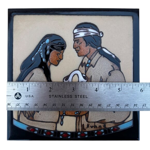 Signed L Kuhne Handmade Ceramic Tile Trivet 6x6 Wedding Vase Legend Southwest - Picture 2 of 5